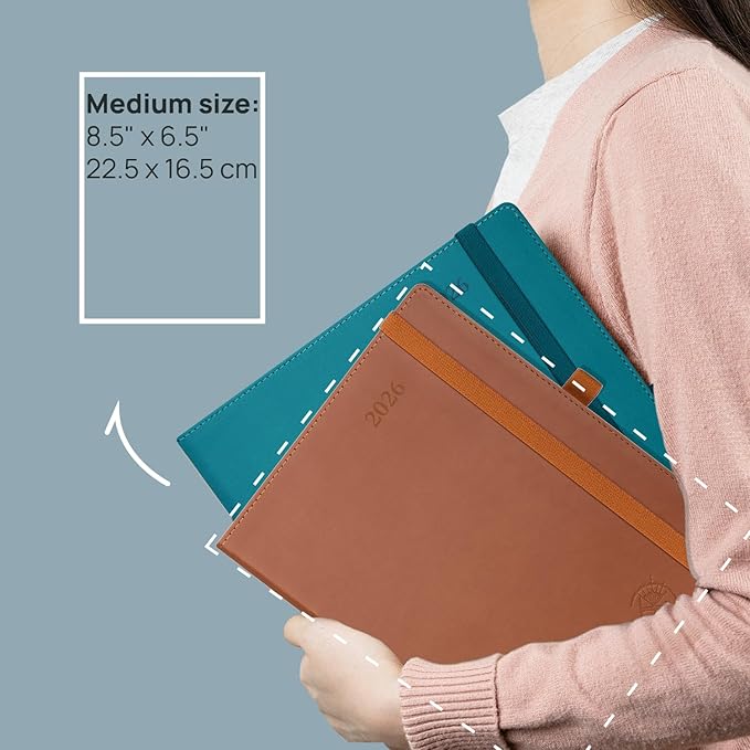 POPRUN 2026 Planner (Medium - 6.5'' x 8.5'') - 2026 Weekly Calendar (Jan. 2026 - Dec. 2026) with Hourly Time Slots, Weekly Monthly Appointment Book for Time Management, Leather Soft Cover - Brown