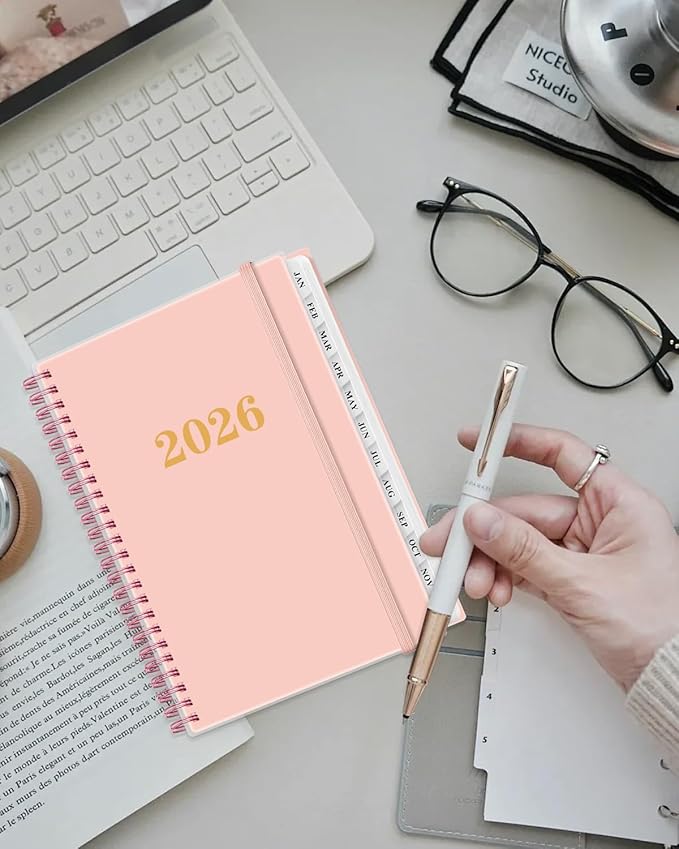 2026 Planner - Weekly and Monthly Planner from Jan 2026 - Dec 2026, Spiral Planning 2026 with 12-Month Tabs, Inner Pocket, 6.25" x 8.5", Pink