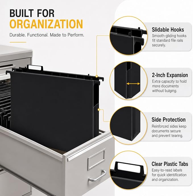 gisgfim 16 Pack Plastic Hanging File Folder Letter Size 2inch Expanding File Folders with Tabs Extra Capacity Hang Folders Heavy Duty for Filing Cabinet Designed for Bulky Files, Black