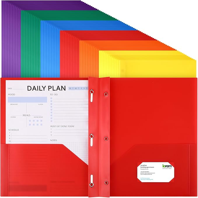 Cholemy 72 Packs Pocket Folders with Prongs Heavy Duty Plastic Folder with Business Card Slot 3 Prong Fasteners for School Office (Classic)