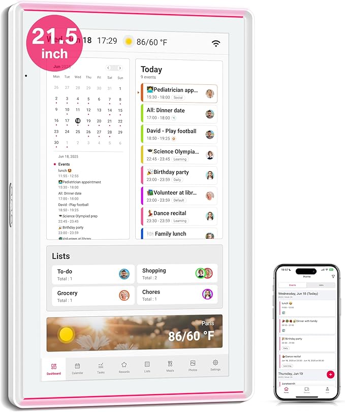 21.5 Inch Digital Calendar, Full HD Touchscreen Smart Planner for Family Schedules - Wall Mount, Great for Seamless Daily Planning & Household Organization, with LED Reminder Light