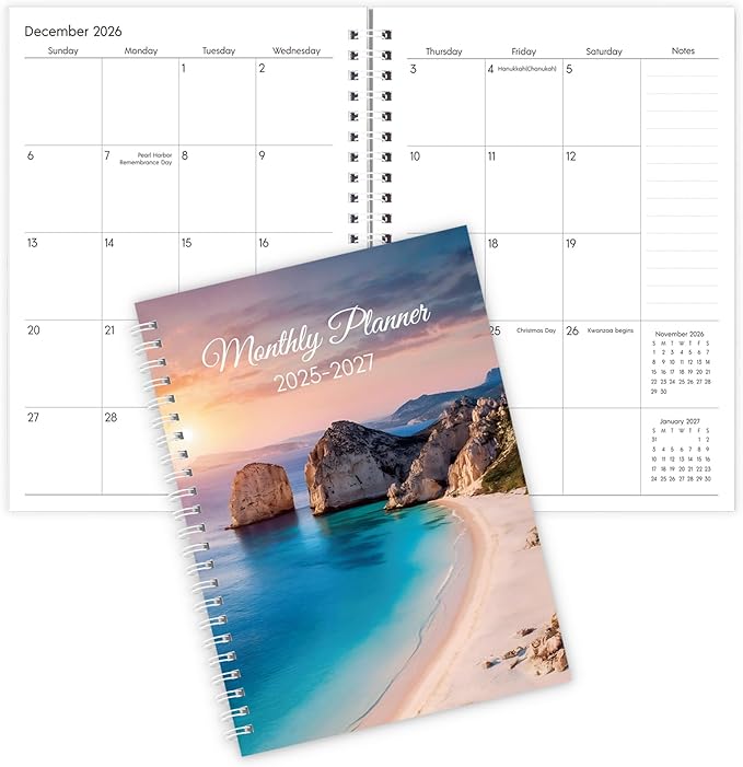 Monthly Planner 2025-2027, Monthly Calendar July 2025 - December 2027, A5 Planner 2025-2026 with Coil, 5.9'' x 8.4'', Perfect for Office School Supplies Organizing Planning - Beach