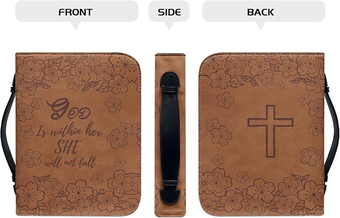 Brown Leather Study Bible Case THE GOD Print Bible Cover Case Women Durable Carrying Book Case Church Bag Bible Study Supplies Accessories Size：M