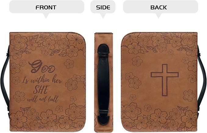 Brown Leather Study Bible Case THE GOD Print Bible Cover Case Women Durable Carrying Book Case Church Bag Bible Study Supplies Accessories Size：L