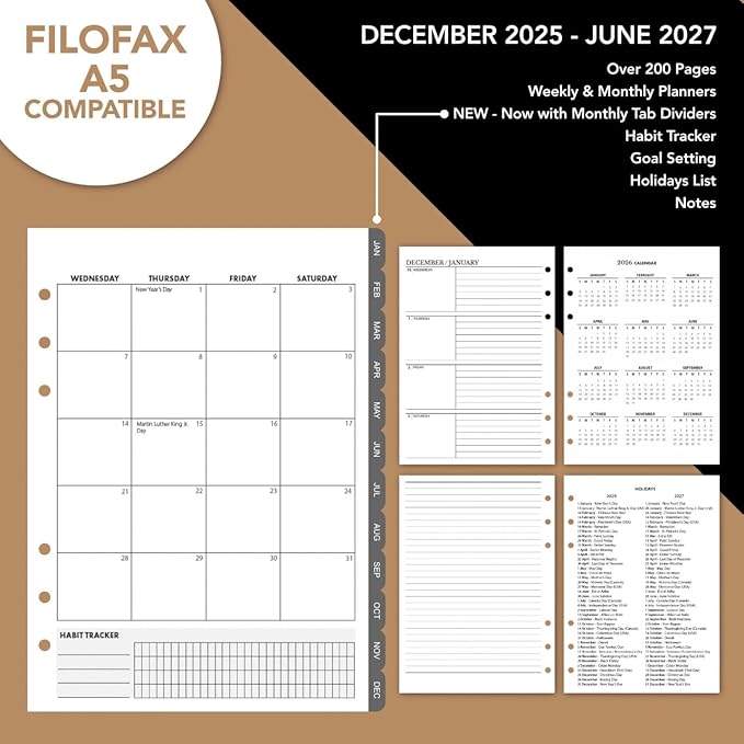 WANDERINGS A5 Leather Binder Planner - Refillable 6 Ring Journal with Inner Pockets - Hand-Crafted Genuine Leather Organizer- Filofax Compatible. 2026/27 Monthly Weekly Calendar with Notes - 6"x8.5"