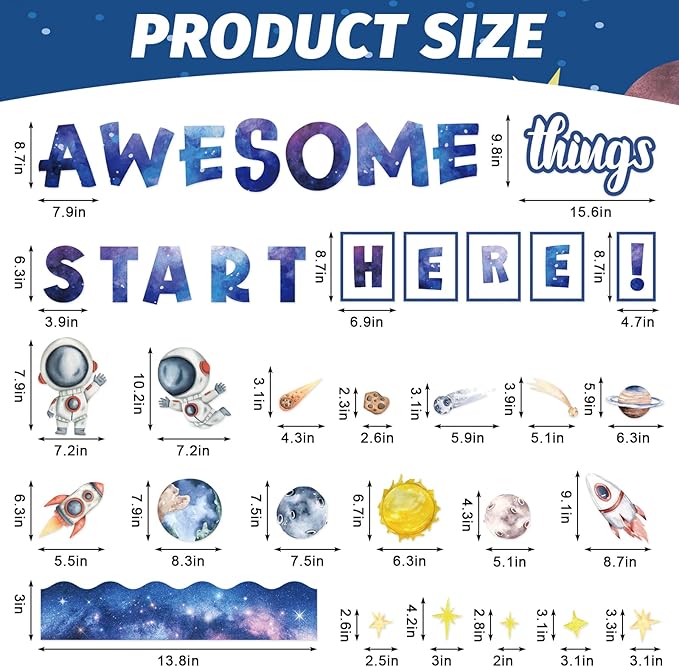FYSUIMU 52 Pcs Outer Space Bulletin Board Decoration Set Awesome Things Start Here Cutouts Galaxy Astronaut Inspirational Paper Cutting with Glue Points for Back to School Party Classroom Wall