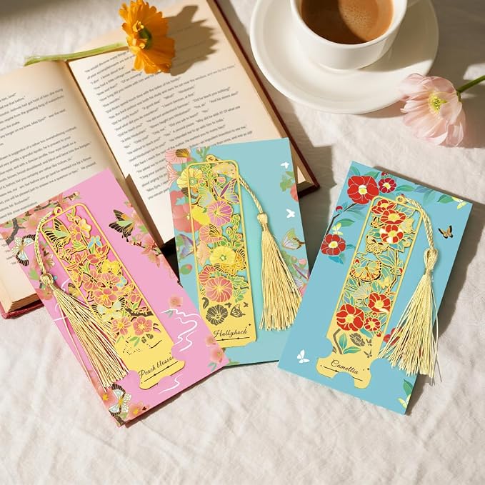 3pcs Metal Flower Bookmarks with Tassel, Goden Hollow Butterfly Theme Book Marks for Reading Women, Cute Book Markers for Book Lovers Writers Readers Teens Women Teachers Students (Style B)