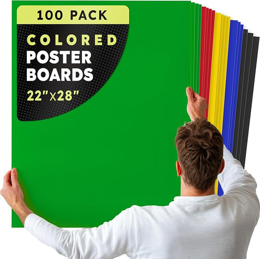 Hygloss Large Colored Poster Board 22x28-100 Assorted Standard Color Bulk Pack - Red, Yellow, Green, Blue, Black - 10 Pt. Thickness Poster Board Paper - Posterboard Multipack 22" x 28"
