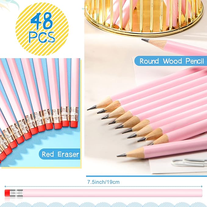 Outus 48 Pcs Pink Pencils Round Wooden 2 HB Pencils with Red Eraser Unsharpened Pencil Cute Pens for School Drawing Sketching Wedding Office Supplies