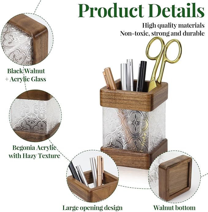 Buqoo 6-Piece Walnut Wood Desk Organizer Set - Pen Holder with Acrylic Insert, Tape Dispenser, Sticky Note Holder, Paper Clip Holder for Home Office School Supplies