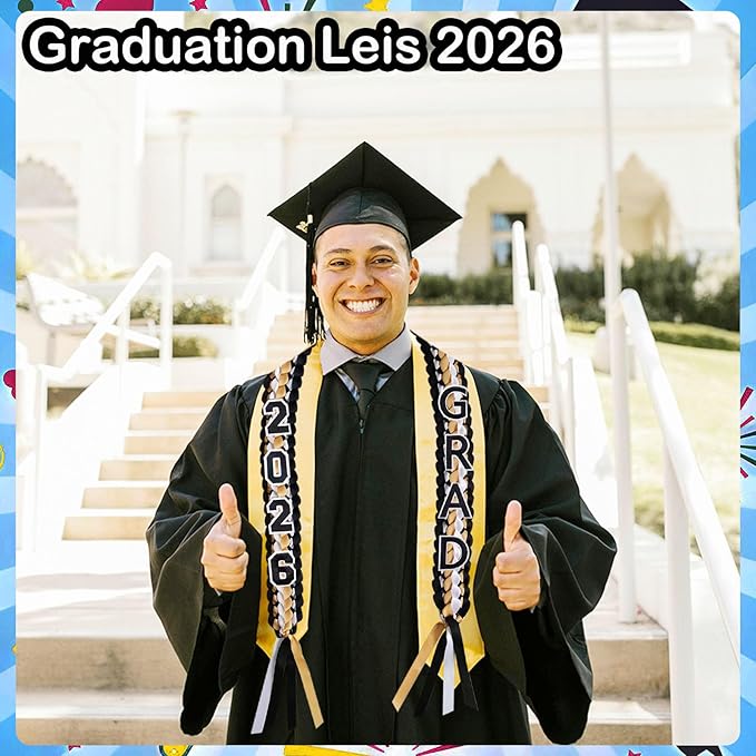 Graduation Leis 2026 Money Ribbon Leis for Graduation Class of 2026 Braided 48inch Graduation Necklace for High School,College Graduation Party Gifts,Black,White and Gold