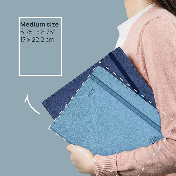 POPRUN Weekly Planner 2026 Calendar (Medium 6.75" x 8.75") 12 Months Notebook with Horizontal Layout, Leather Hardcover, Inner Pocket, 100GSM Thick Paper, Pen Holder - Soft Pink