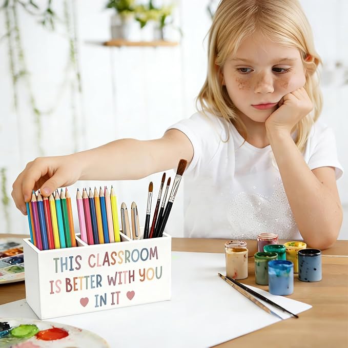 Boho Classroom Pen Pencil Holder for Desk, This Classroom Is Better with You in It Motivational Wooden Box Sign Decorations for Kids Room Bedroom Playroom Desk Tabletop