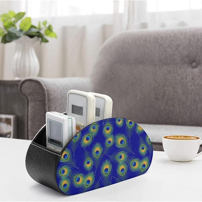 PU Leather Remote Organizer Box, 5-Compartment Storage for TV Remotes, Media Controllers, and Home Desk, Peacock Feathers