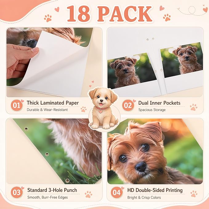 Handepo 18 Pcs Cat Dog Pocket Folders 2 Pocket Letter Size 3 Ring Pet File Folder Portfolio Kitten Decorative Folders for Teachers Students School Office Party Supplies 12x9.25 Inch (Dog)