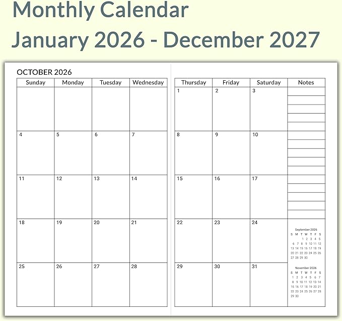A5 Calendar Planner Jan 2026 - Dec 2027, Travelers Notebook Inserts for 2 Years, Monthly Calendar & Important Dates & Line & Dotted, 100gsm Paper, 8.3 x 5.5 in, 1pcs