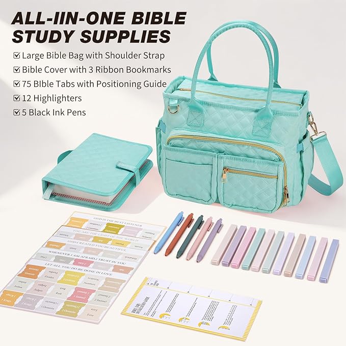KOPKOFT Large Bible Cover Case for Women, Quilted Church Tote Bag with Shoulder Strap, Bible Study Supplies Journaling Kit Bible Accessories, Christmas Christian Gift for Women (Blue Green)