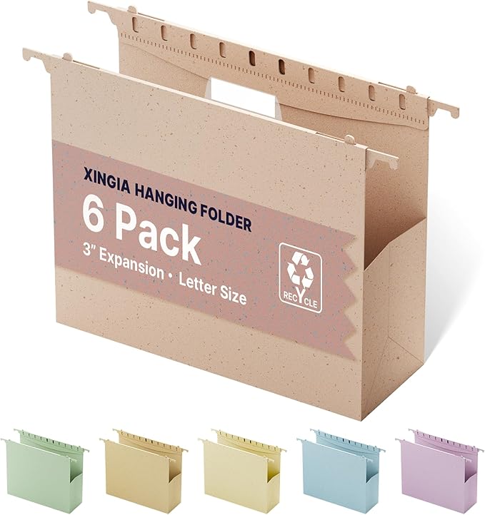 XINGIA Extra Capacity Hanging File Folders with Tabs,3'' Expandable Letter Size File Hanging Folders for Filing Cabinet,6 Pack Wheat Straw Pink Filing Folders for Bulky File,Plastic File Organizer