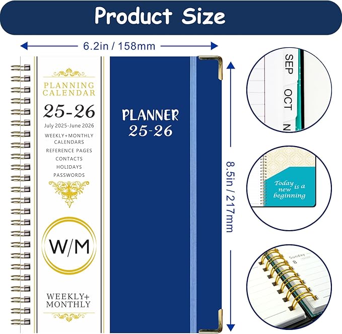 Daily Planner 2025-2026, Monthly and Weekly Calendar Planner with Tabs, July 2025 - Jun 2026, Inner Pocket, 6.2" x 8.5" A5 Size, Perfect for Office Home School Supplies, Spiral Bound, Navy ﻿ ﻿