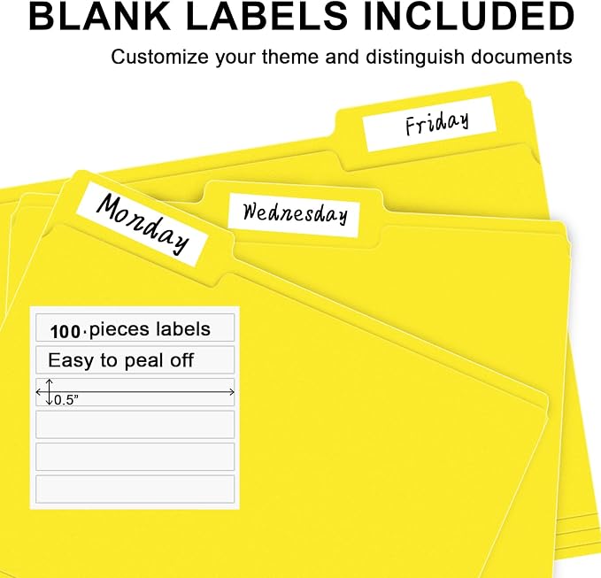 RAZCC File Folders, 100-Pack, 1/3 Cut, Letter Size, Yellow, Great for Organizing and Easy File Storage
