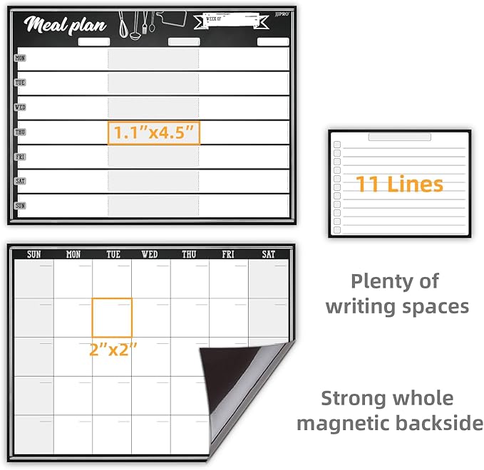 JJPRO Magnetic Monthly Calendar and Meal Planning Board Set for Fridge-Dry Erase Monthly Calendar for Refrigerator, Menu Whiteboard -Bonus to-do Notepad