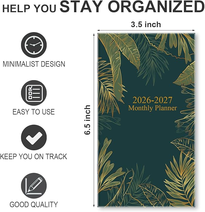 2026-2027 Mini Pocket Planner – 21-Month Pocket Calendar from April 2026 to December 2027, 3.5" x 6.5" Saddle-Stitched Monthly Calendar with Notes Pages – Compact Organizer for Purse, Office, Travel, Green Glod Leaf