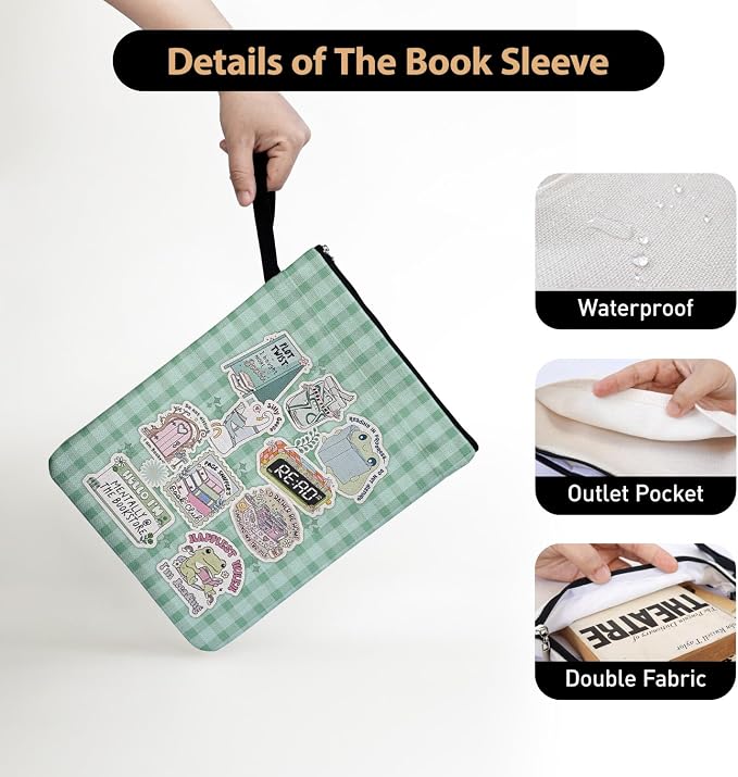 Green Checkered Collage Style Book Covers for Book Lovers with Handle Pocket, Book Club Gifts for Chritsmas, Reading Accessories for Women Friends Reader Bookish