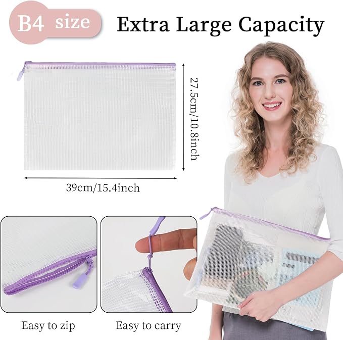 MultiBey 10 Pack 10 Colors Mesh Zipper Pouch Bags, B4-15.4 x 10.8 Inch Large Reusable Mesh Document Bag Zipper File Pouch for Organizing Board Games, Puzzles, Office Supply and Home Organizer
