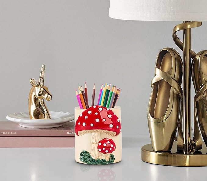 dgudgu Mushroom Resin Pencil Holder & Pen Organizer - Cute Desk Pencil Holders With Multiple Compartments