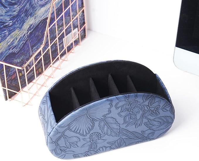 QIELIZI Remote Control Holder, PU Leather Remote Caddy Desktop Organizer with 5 Spacious Compartments for TV Remotes/Media Controllers/Office Supplies (1-Carved Blue
