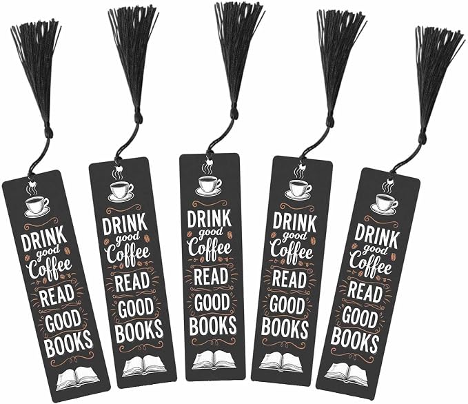Drink Coffee Bookmarks Set 5 with Tassels Good Books Black Wooden Bookmarks for Reading Women Men Students Teachers School Supplies