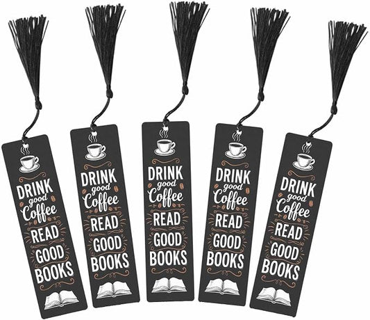 Drink Coffee Bookmarks Set 5 with Tassels Good Books Black Wooden Bookmarks for Reading Women Men Students Teachers School Supplies