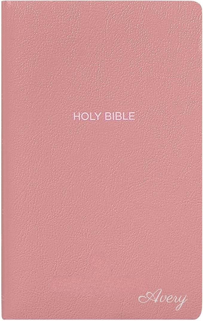 Personalized NKJV Bible Faux Leather Small Print Economy Bible with Custom Name at The Lower Right Side & Red-Highlighted Verses, Custom Gift for Christian & Religious Events | Pink
