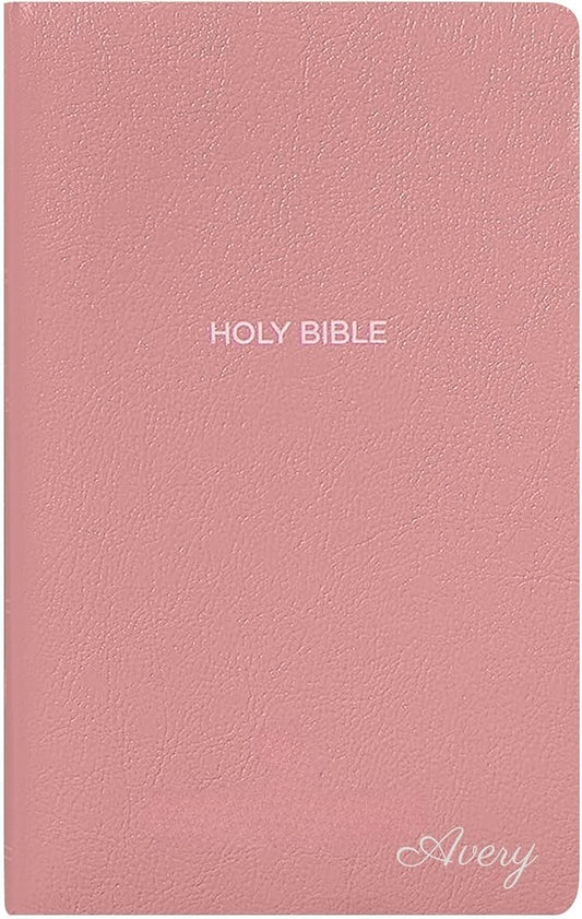 Personalized NKJV Bible Faux Leather Small Print Economy Bible with Custom Name at The Lower Right Side & Red-Highlighted Verses, Custom Gift for Christian & Religious Events | Pink