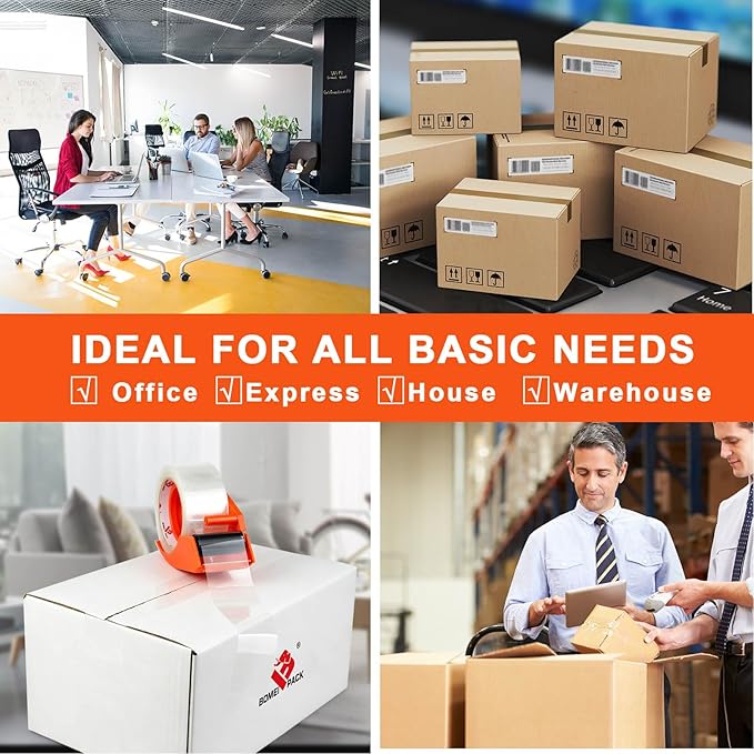BOMEI PACK Heavy Duty Packing Tape with Dispenser 1.88'' x 66 YDs, Clear Box Tape for Packaging Shipping Moving Storage and Mailing, Strong Package Tape 12 Rolls + 2 Dispensers, Total 792 YDs