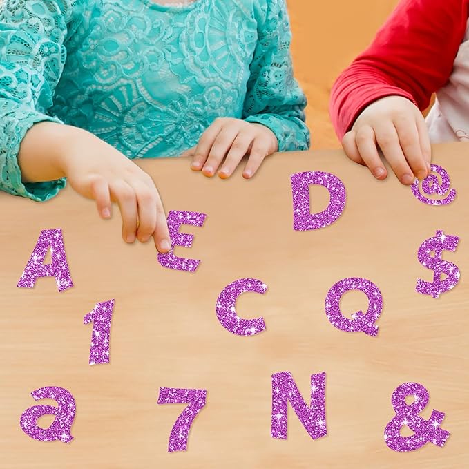 Colarr 216 Pcs Glitter Bulletin Board Letters for Classroom Number Alphabet Punctuation Symbol Cutout 4'' Die-Cut Poster Letter with Adhesive Dot School Party Holiday Decor Display(Purple Pink)