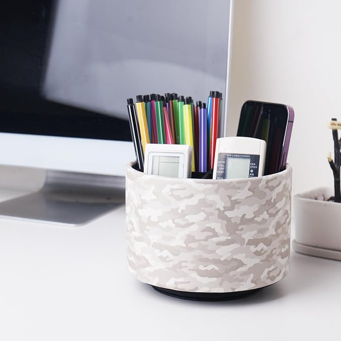 Round Leather Art Supply Organizer,Remote Control Holder,360 Degree Rotating,Multi-Functional Pencil Holder,4 Compartments Desktop Stationary Organizer(1-Camouflage White)