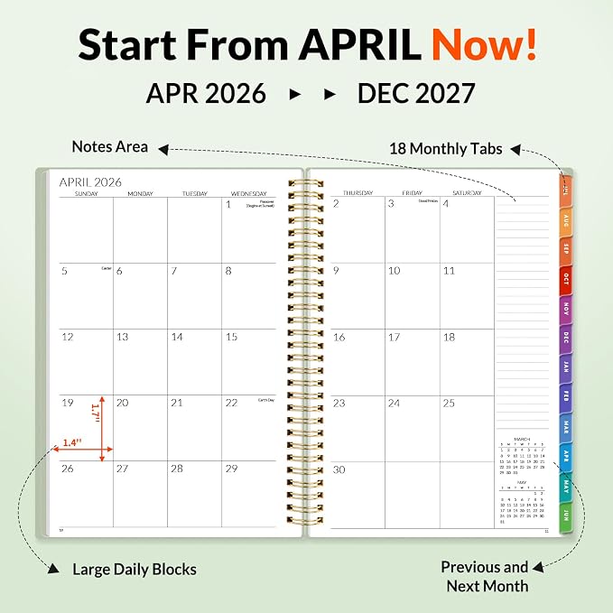 SUNEE Monthly Planner 2026-2027 - 18 Months Calendar Planner from Jul 2026 to Dec 2027, 7"x10" Yearly Planner with Tabs, Spiral Binding, Organizer for School Office Home, Sage Green
