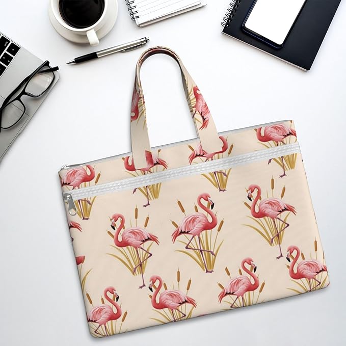 Waterproof Canvas Zipper File Bag with Handle, Pink Flamingo Style Portable Document Organizer for Office Travel Business Briefcase