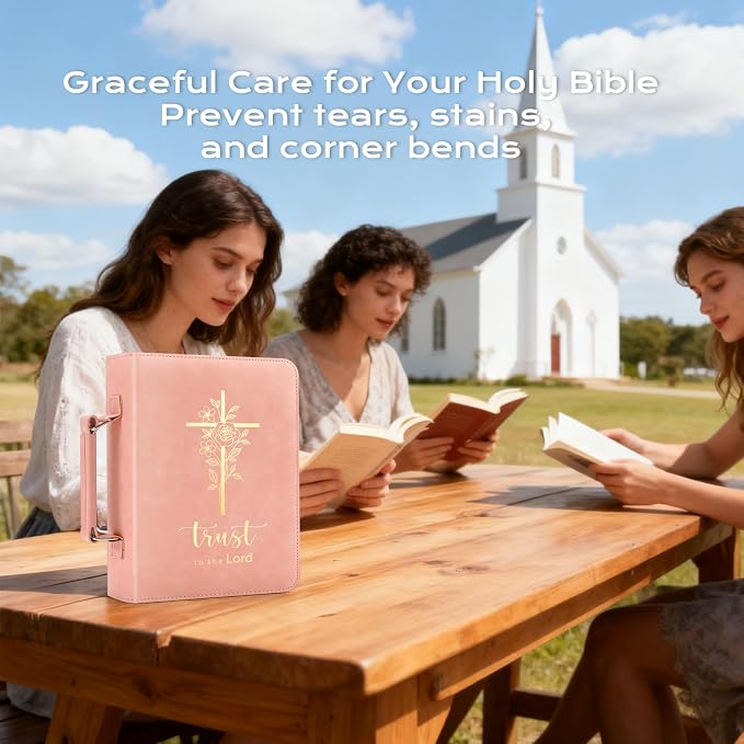 XKDOUS Bible Cover Case for Women, Leather Bible Bags with Study Supplies Journaling Kit, Gold Foiled Carrying Case Large Church Book Holder with Handle, Christian Gifts for Lady