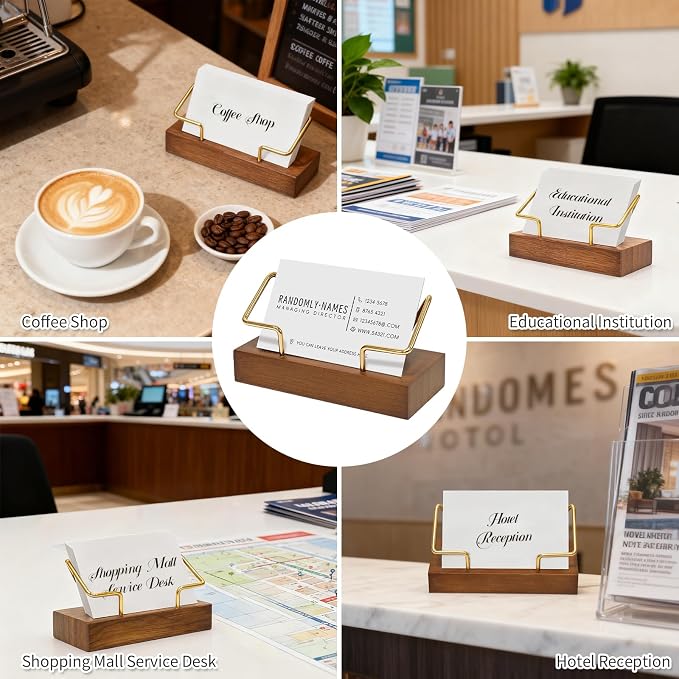 2 Pack Wood Business Card Holder for Desk, Wooden Business Name Card Display Stand Postcard Holder for Office Home Desktop,Desk Accessory Business Name Card Organizer(Walnut Color, Golden)