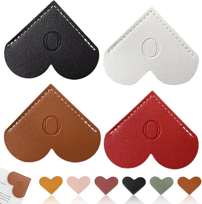 Personalized Leather Heart Bookmark, 26 Letters Customized Corner Book Mark for Reading, Book Holder Markers with Initials Page Book Accessories Cute Gifts (Black+White+Dark Brown+red,O)