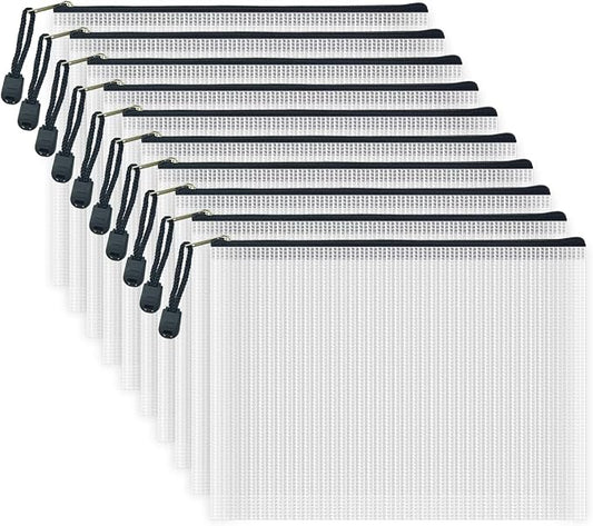 10 Pcs Zipper File Bags, Waterproof Plastic Mesh Pouch for Office School, Board Game Storage Bags (A5 Size 9.2''x6.7'', White and Black)