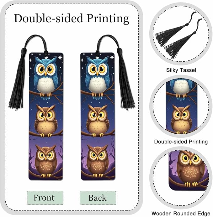 Funny Owl 5 Pcs Bookmarks Cute Owls Standing Tree Branch Wooden Bookmarks with Tassel for Students Reader Teachers Book Lovers