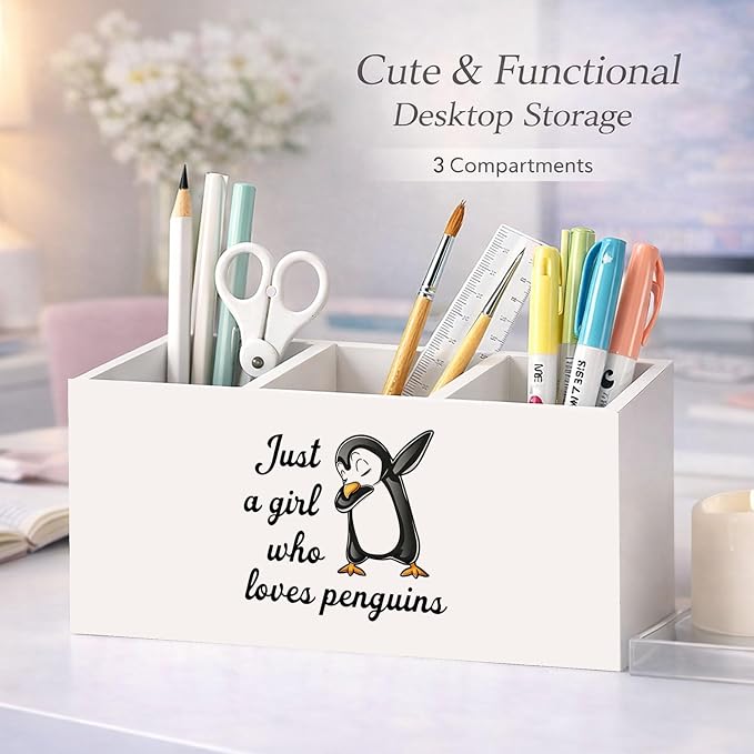 Just a Girl Who Loves Penguins Wooden Desk Organizer, Cute Penguin Design Pen Pencil Holder with 3 Compartments, Decorative Office Supply Storage Box for Desk, Home, Office, Gift for Penguin Lovers