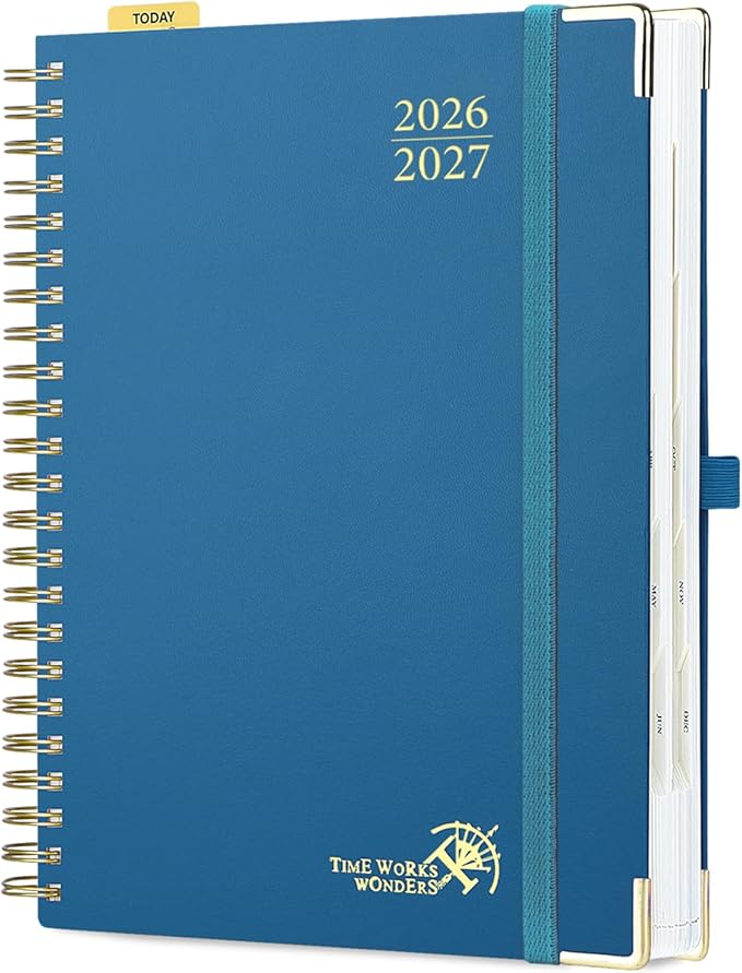 POPRUN 2026-2027 Daily Planner One Page Per Day, Large Size 8.5" x 12", Daily Calendar Book with July 2026 to June 2027, Academic Hardcover Appointment Book with Hourly Time Slots, Spiral Bound, Monthly Tabs - Night Sky Blue