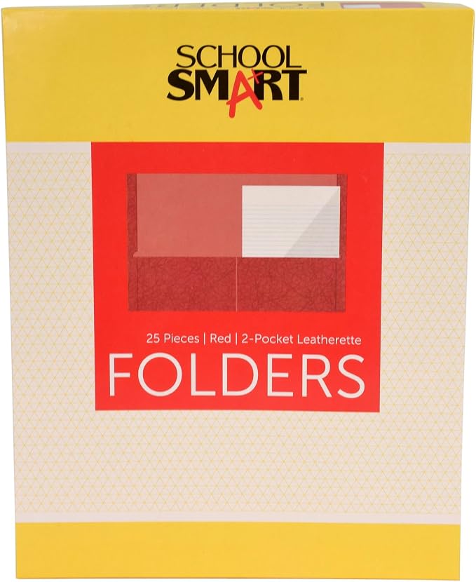 School Smart Extra-Large Folders with Pockets, 9 x 12 Inches, Red, Pack of 25