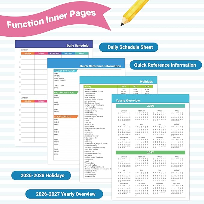 Teacher Planner 2026-2027 - Teacher Lesson Planner 2026-2027, 11" x 8.5", JULY 2026 - JUNE 2027, Teacher Planner Academic Year, Colorful Pages, Holidays, Colorful Monthly Tabs, Inner Pocket
