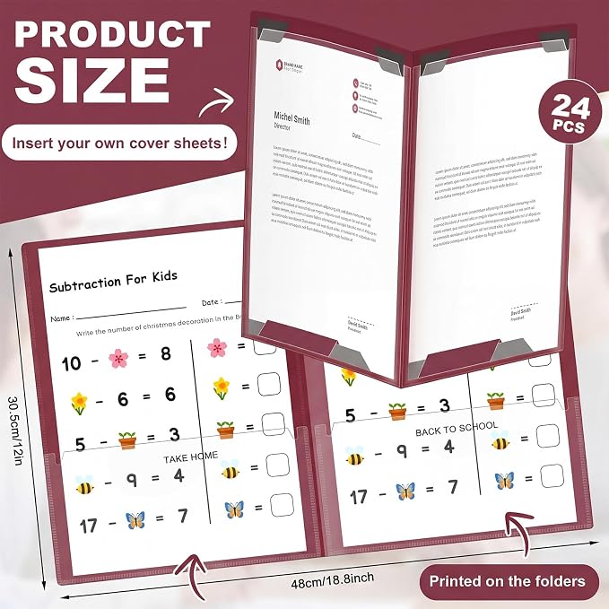 Henoyso 24 Pcs Take Home Folder Heavy Duty 2 Clear Front Pockets and 2 Inside Pockets Homework Folders for School Students Parent Teacher Classroom Communication (Burgundy)