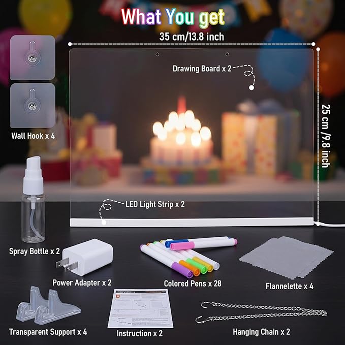 Katze-Tatze 2 Pack LED Note Board with 7 Colors,13.8"x9.8" Acrylic Dry Erase Board 4 Modes Neon Glow Memo Light-Up Message Note Lumiboard with 28 Markers for Home, Office, Festival, Birthday Gift